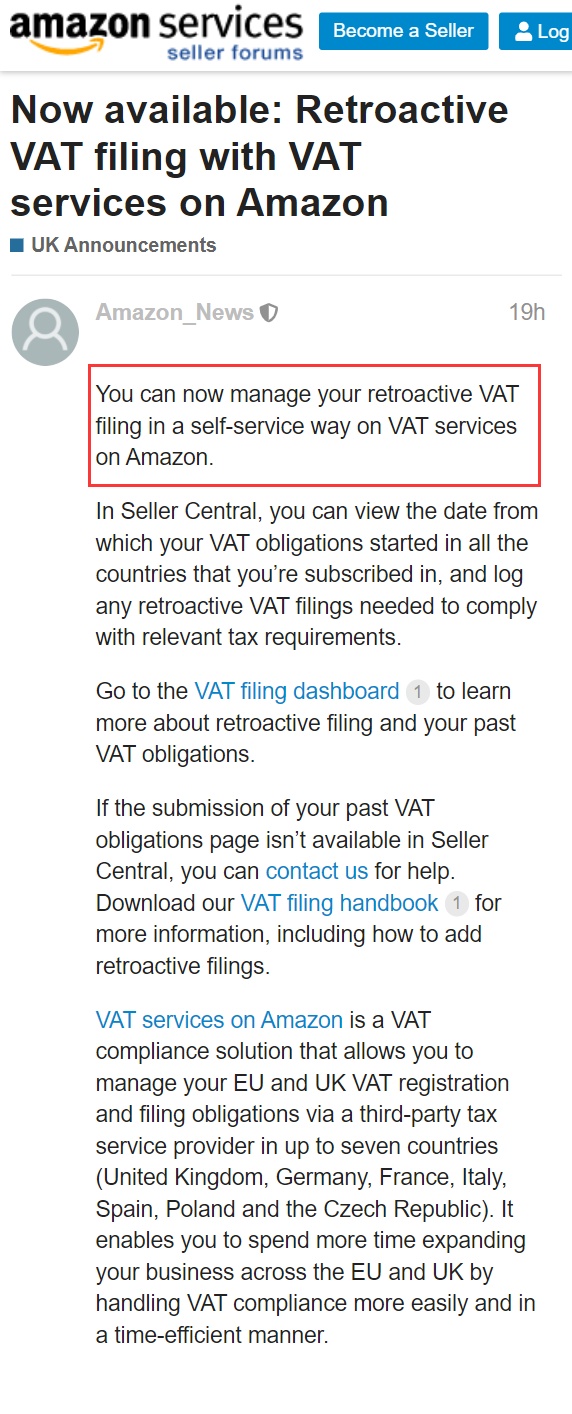 亚马逊欧洲站允许卖家以自助方式管理追溯增值税申报