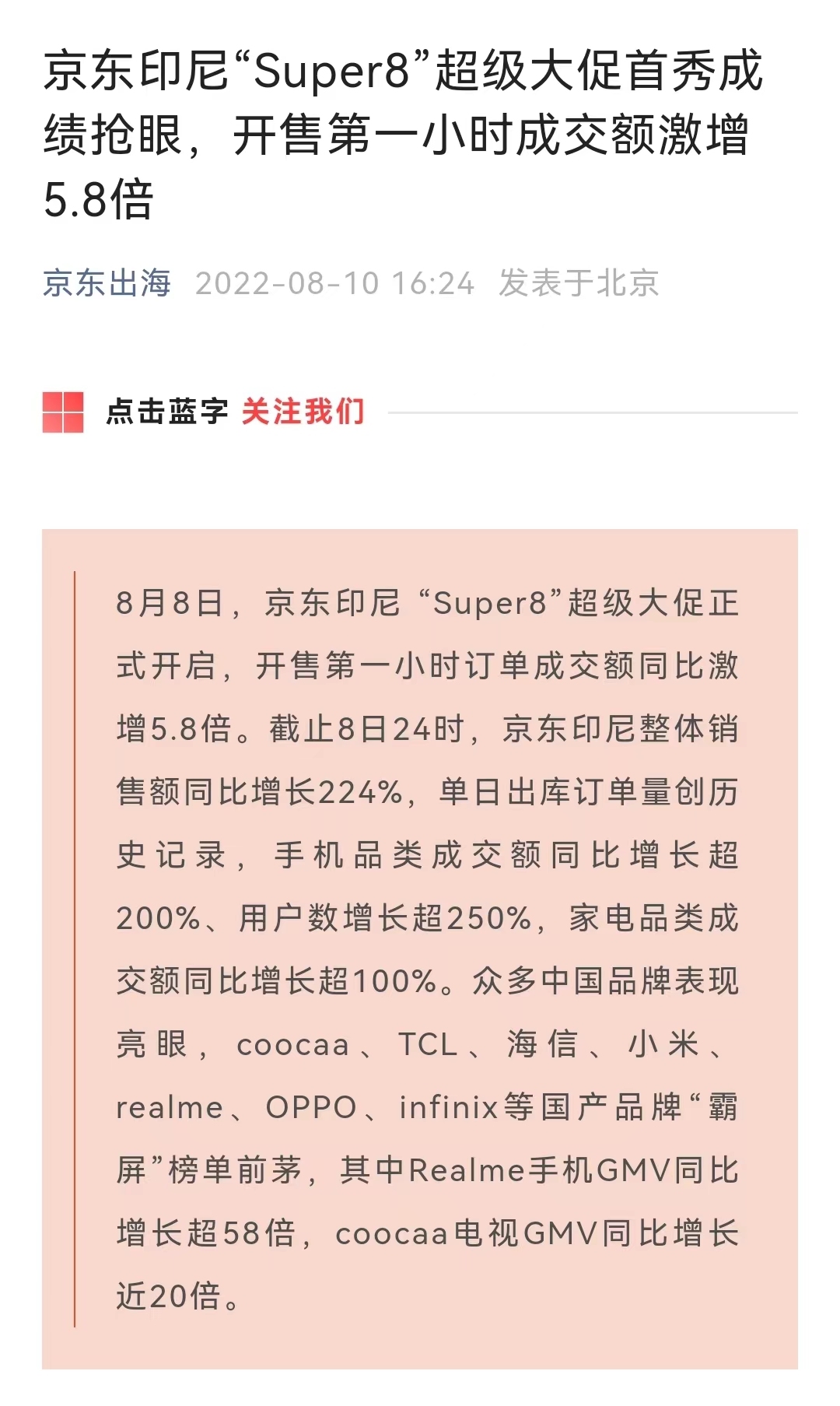 京东印尼“Super8”超级大促整体销售额同比增长224%