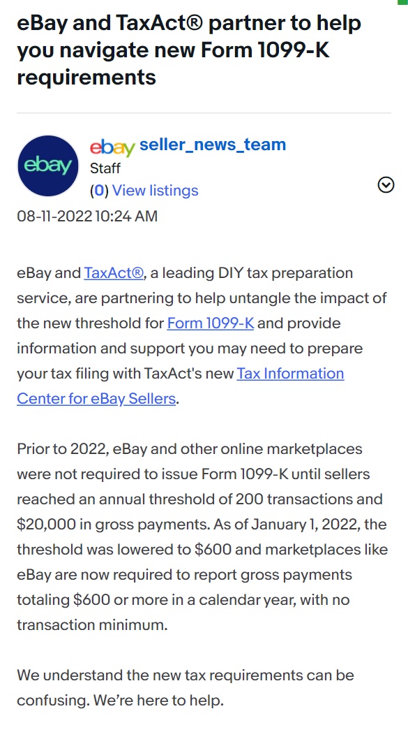 eBay与TaxAct合作推出卖家税务信息中心