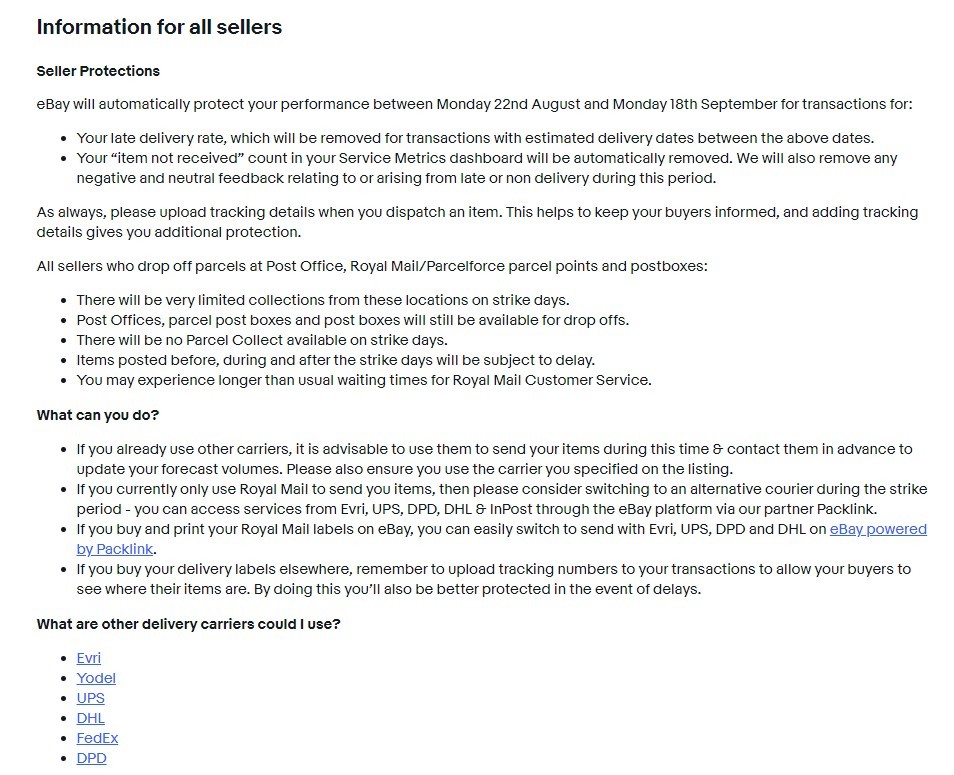 eBay为受英国皇家邮政罢工影响卖家提供保护措施