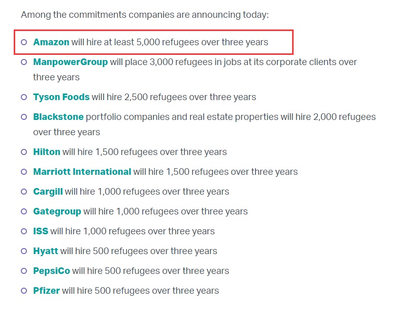 亚马逊等45家公司承诺未来三年雇佣超2万难民