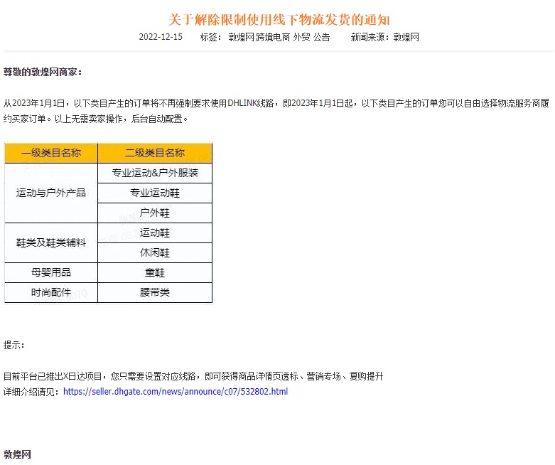 敦煌网部分类目订单将不再强制要求使用DHLINK线路