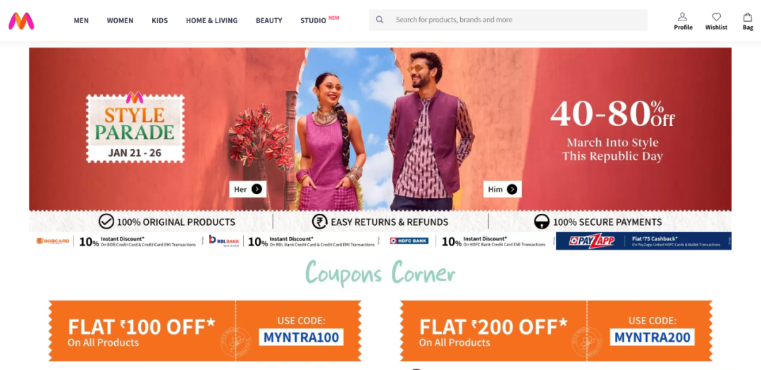 Myntra-印度最大时尚电商平台，月活跃用户达6000万，一年内新增7500万用户